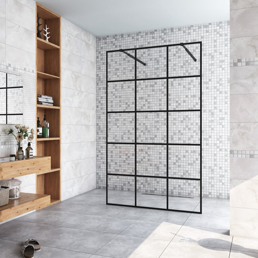 Inloopdouche 87,7x200cm met mat zwart kader en raster ,8mm NANO EasyClean veiligheidsglas,met 2 73-120cm Stabilisatiestangen