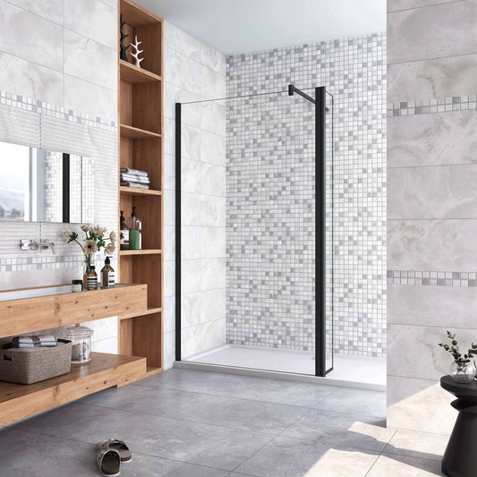 70x200cm zwarte inloopdouche + 30x200cm draaibaar hoekprofiel + F-vorm 90cm Stabilisatiestang 8mm EasyClean veiligheidsglas douchepartitie