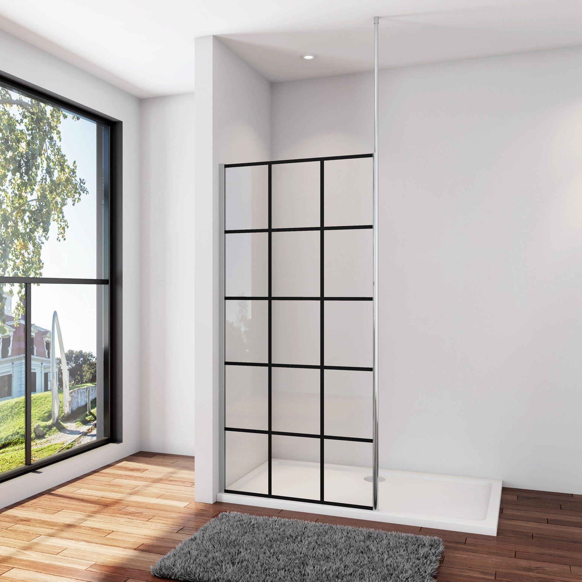 Inloopdouche 90x200cm met mat Zwart kader en raster,8mm NANO EasyClean veiligheidsglas+ Stabilisatiestang 2030-3200mm