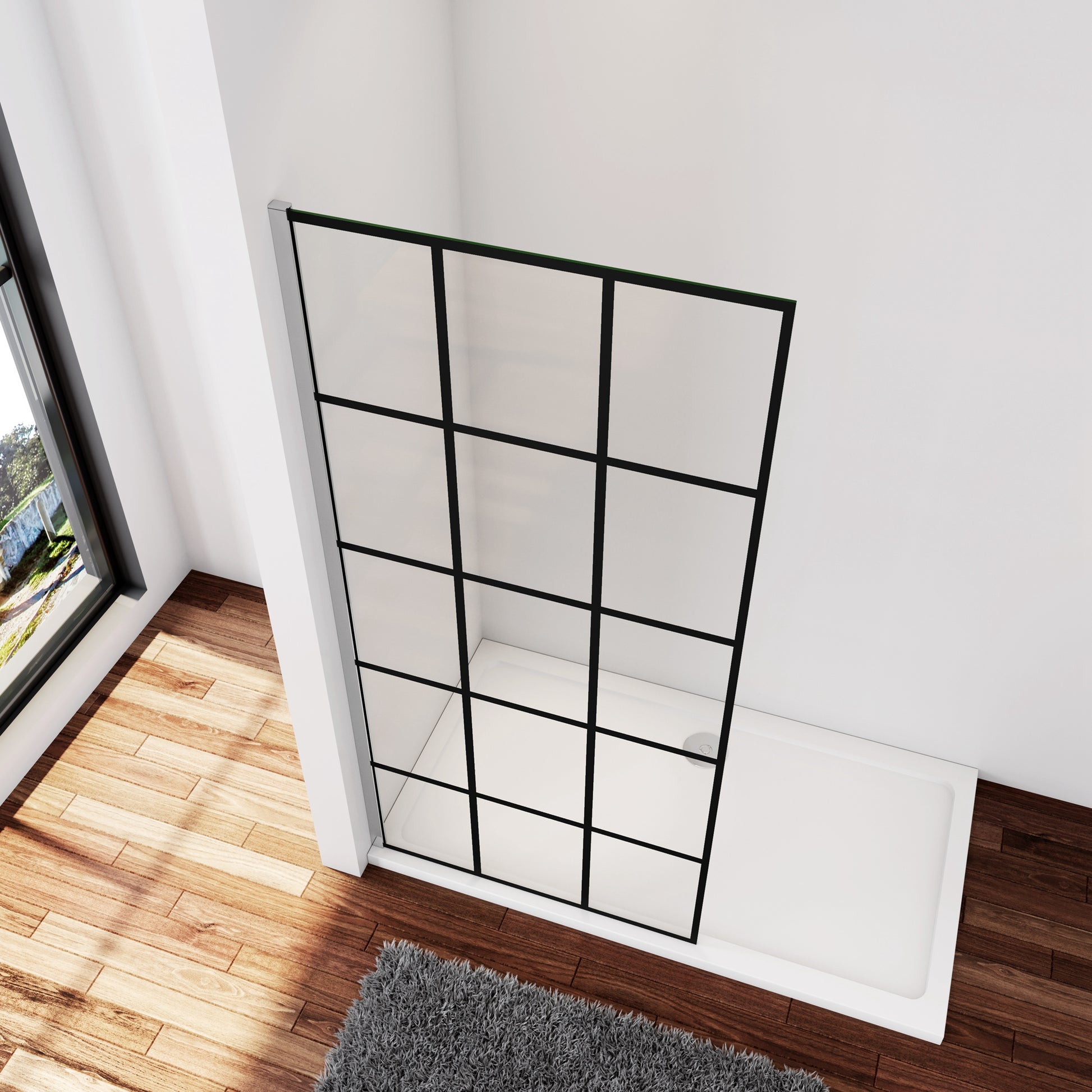 Inloopdouche 80/90x200cm met mat Zwart kader en raster,8mm NANO EasyClean veiligheidsglas ,zonder Stabilisatiestang