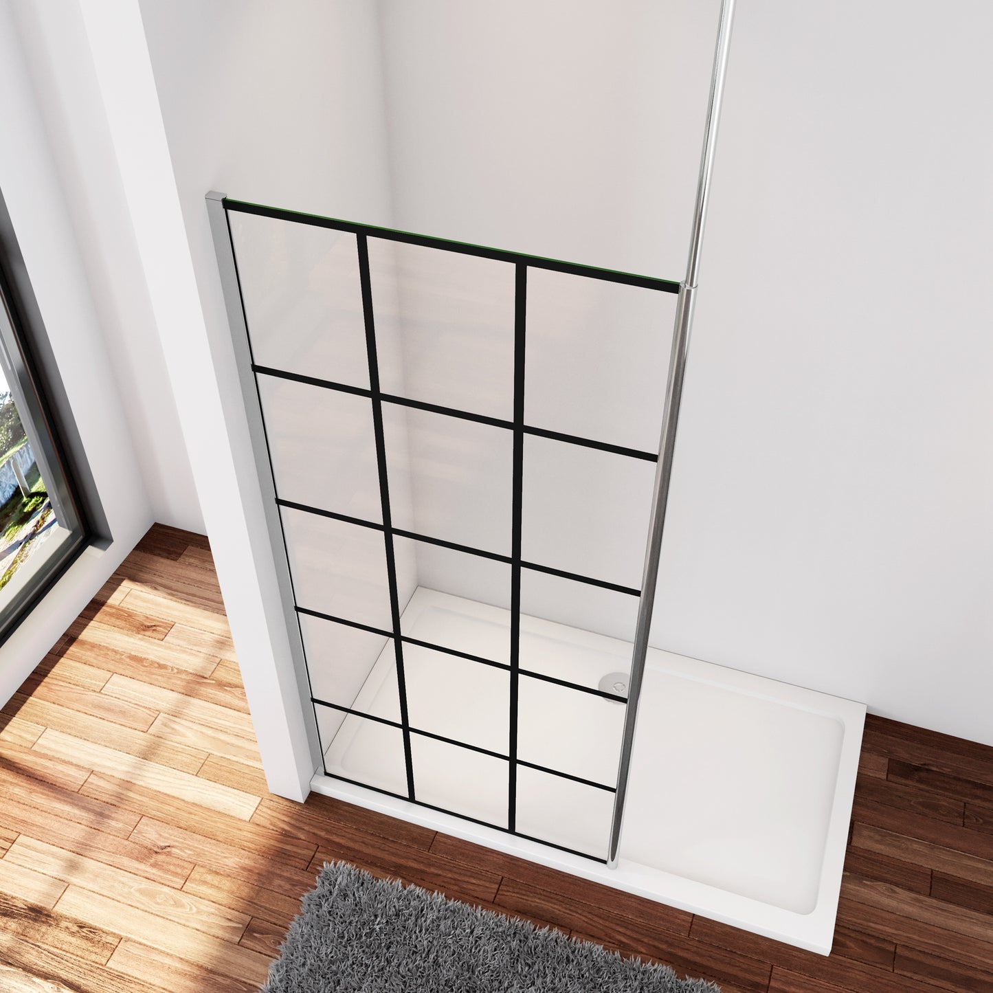Inloopdouche 90x200cm met mat Zwart kader en raster,8mm NANO EasyClean veiligheidsglas+ Stabilisatiestang 2030-3200mm