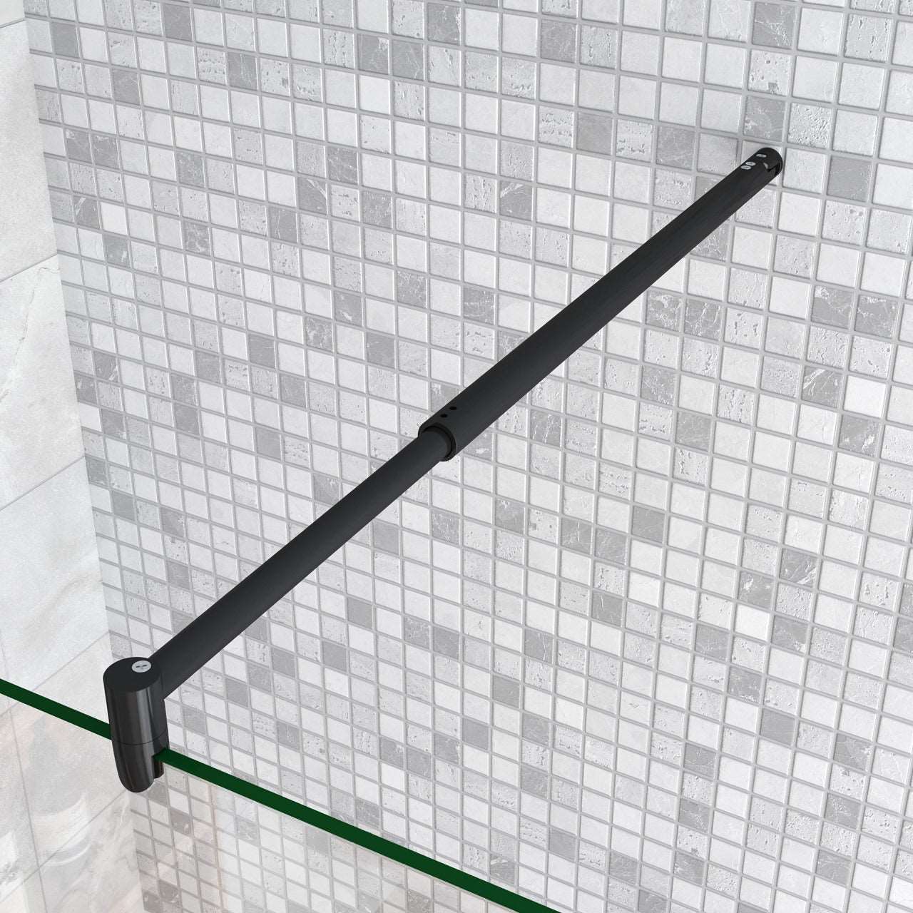 100x200cm zwarte inloopdouche + 30x200cm draaibaar hoekprofiel +70-120cm Stabilisatiestang 8mm EasyClean veiligheidsglas