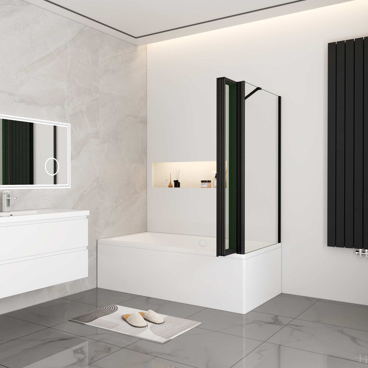 Aica industriële badwand 120x65/70/75/80x140cm 5-delig inklapbaar 4 mm gehard glas matzwart