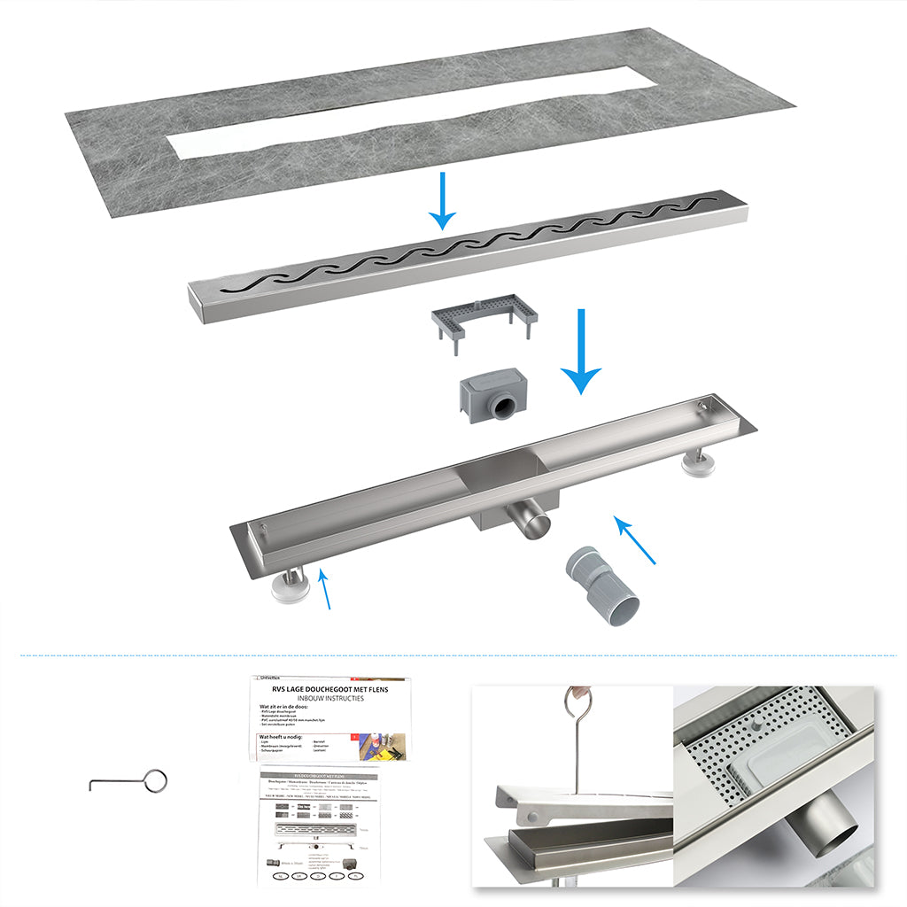 Douchegoot Wave design kabelpaneel betegelbaar RVS afvoerputje voor badkamer 60 70 80 90 100 cm