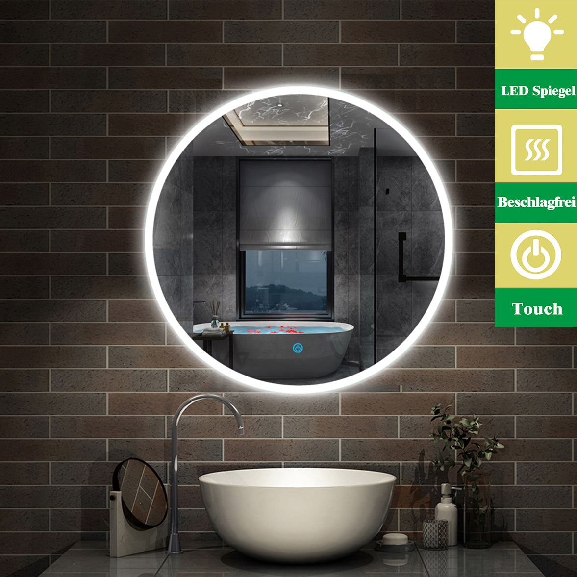 LED spiegel ROND 60cm/70cm/80cm 3 lichts kleur koud/Neutraal/warm wit dimbaar touch anti-condens badkamerspiegel decoratieve wandspiegel 2700K-6500K