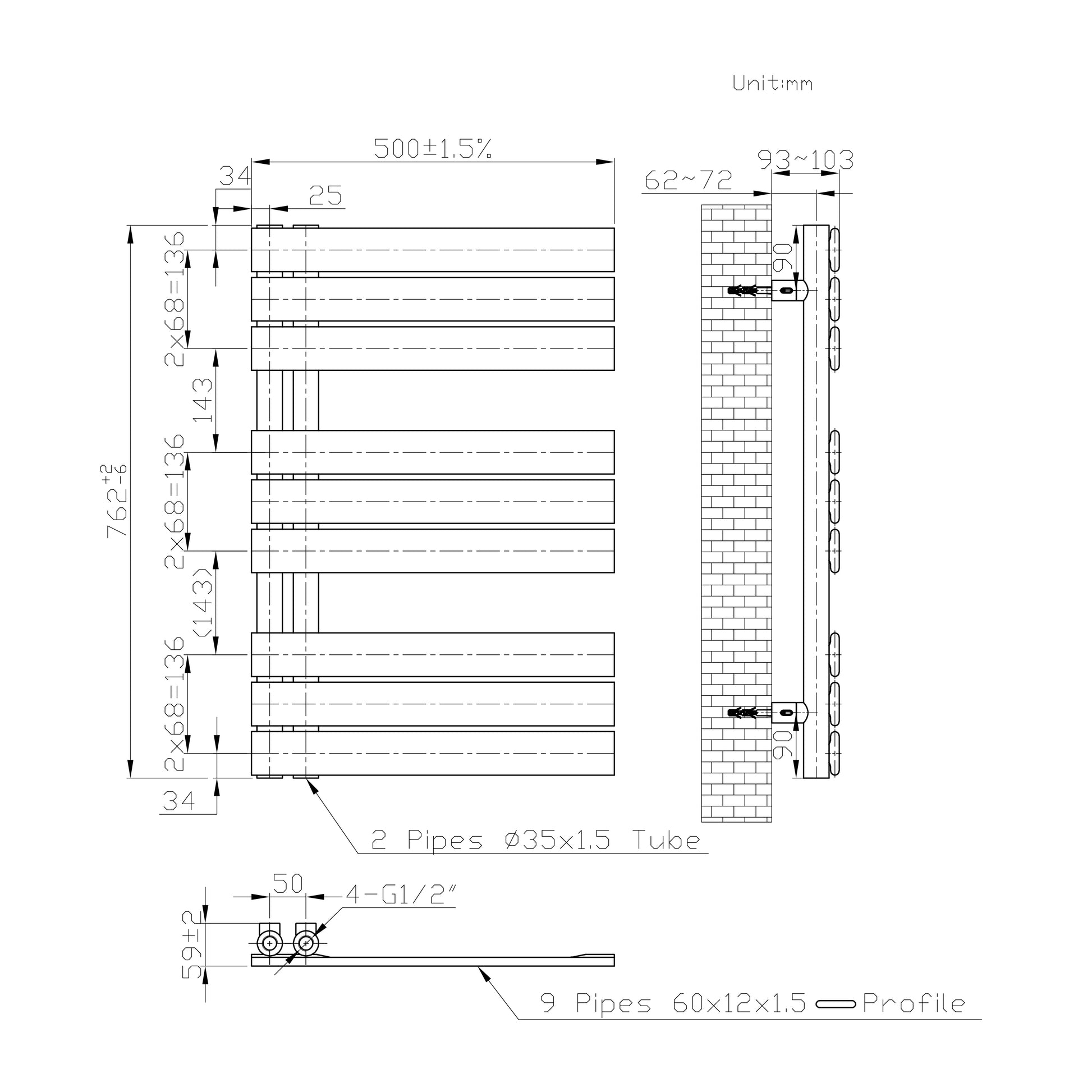 Badmeubelen Designradiator - Handdoekradiatoren - Zijaansluiting - Witte Matt 762 500