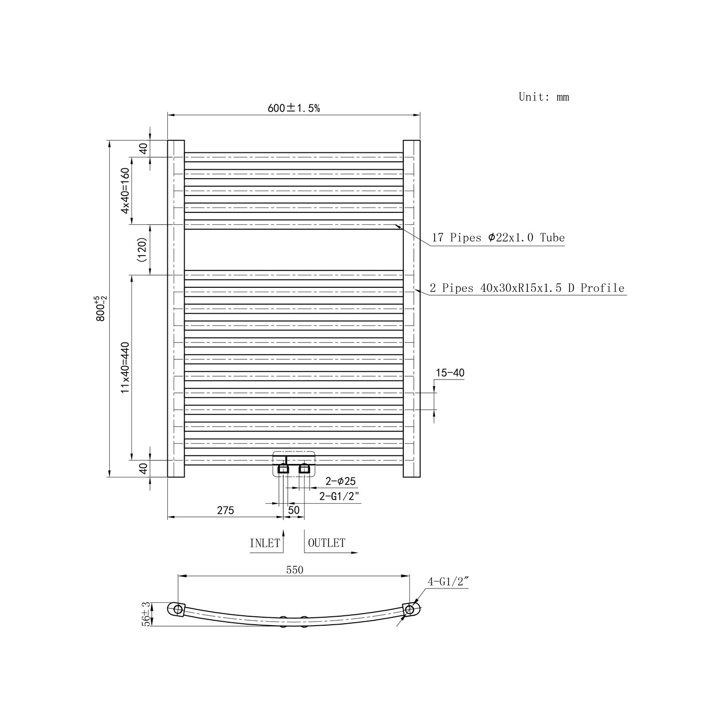 Enkele Gebogen Handdoekradiator Zowel Elektrisch Als CV Mogelijk Mat Wit Zij- En Middenaansluiting 800 600