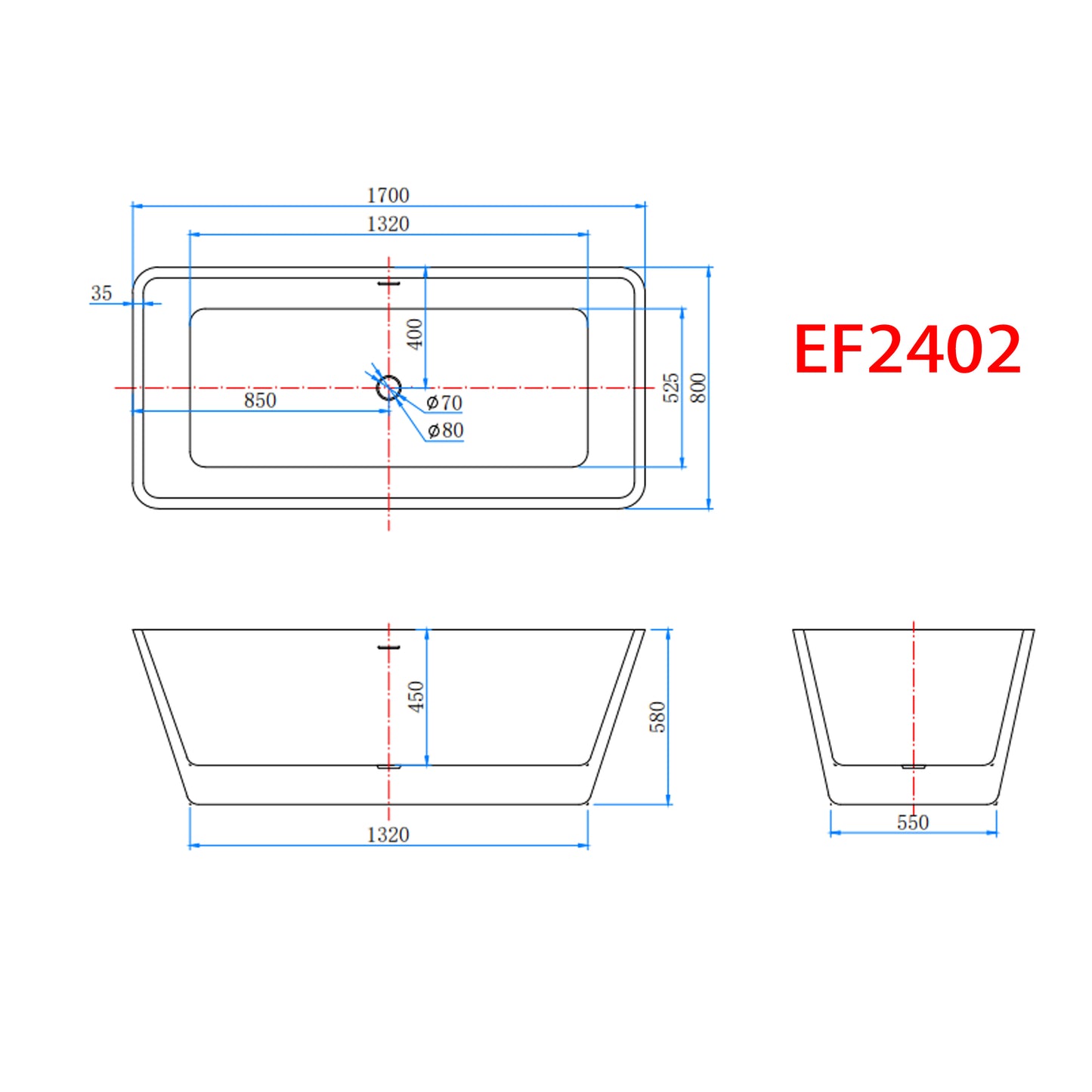 Moderne vrijstaande dubbele bad met ge?ntegreerde afvoer en overloop 1700x800mm