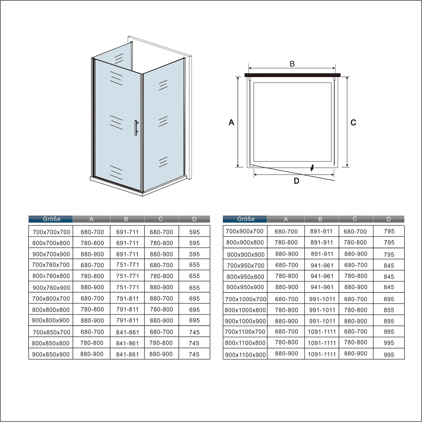 Douchecabine 195cm hoog,pendeldeuren met Twee Zijwanden,Aluminium muurprofiel Helder Glas 6mm (verschillende maten)