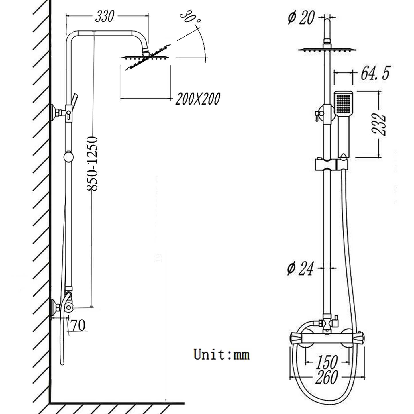 Met thermostaat en handdouche, hoogte 85-125 cm, complete set, met 360?? draaibare regendouchekop en in hoogte verstelbare douchestang