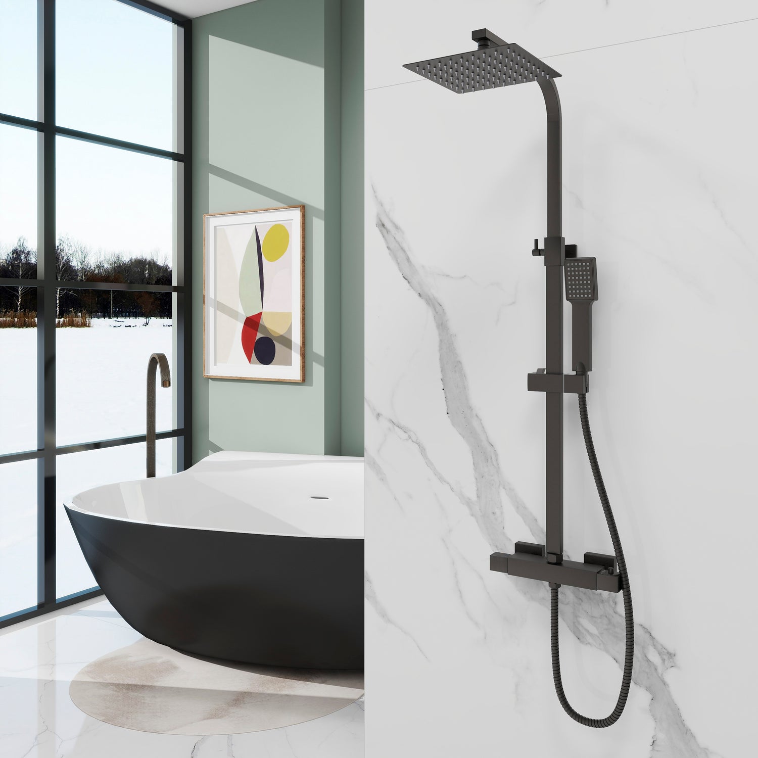 Regendoucheset Vierkant met thermostatische douchekraan en met handdouche¡ê?Opbouw???Mat Zwart