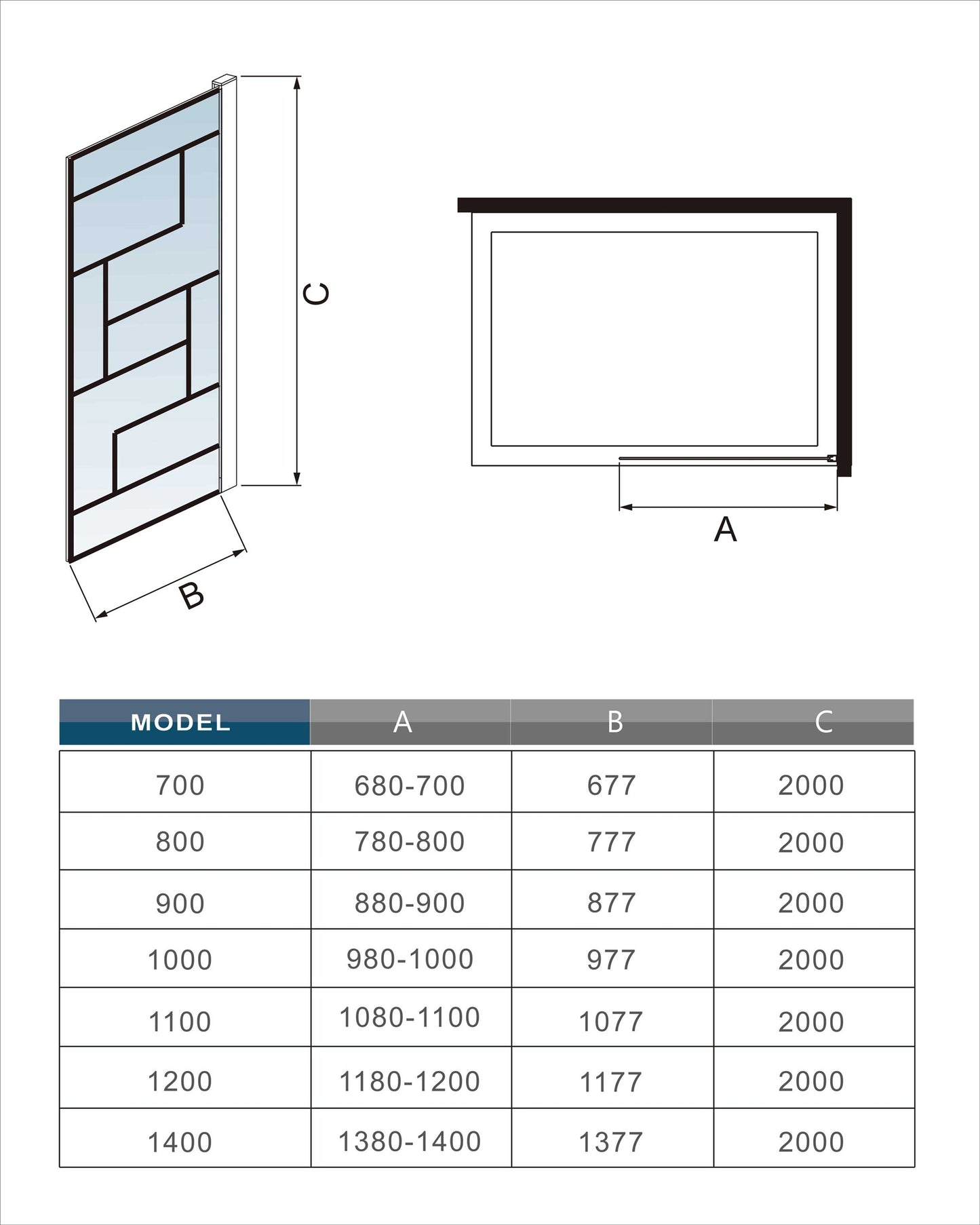 Aica Industriële inloopdouchewand 70-140x200 cm 8 mm NANO Easyclean veiliges gehard glas zwart onregelmatig raster mat zwart 73-120/70-120/N-vormig:90/N-vormig:140/F-vormig:90/F-vormig:140cm inkortbaar stabilisatiestang
