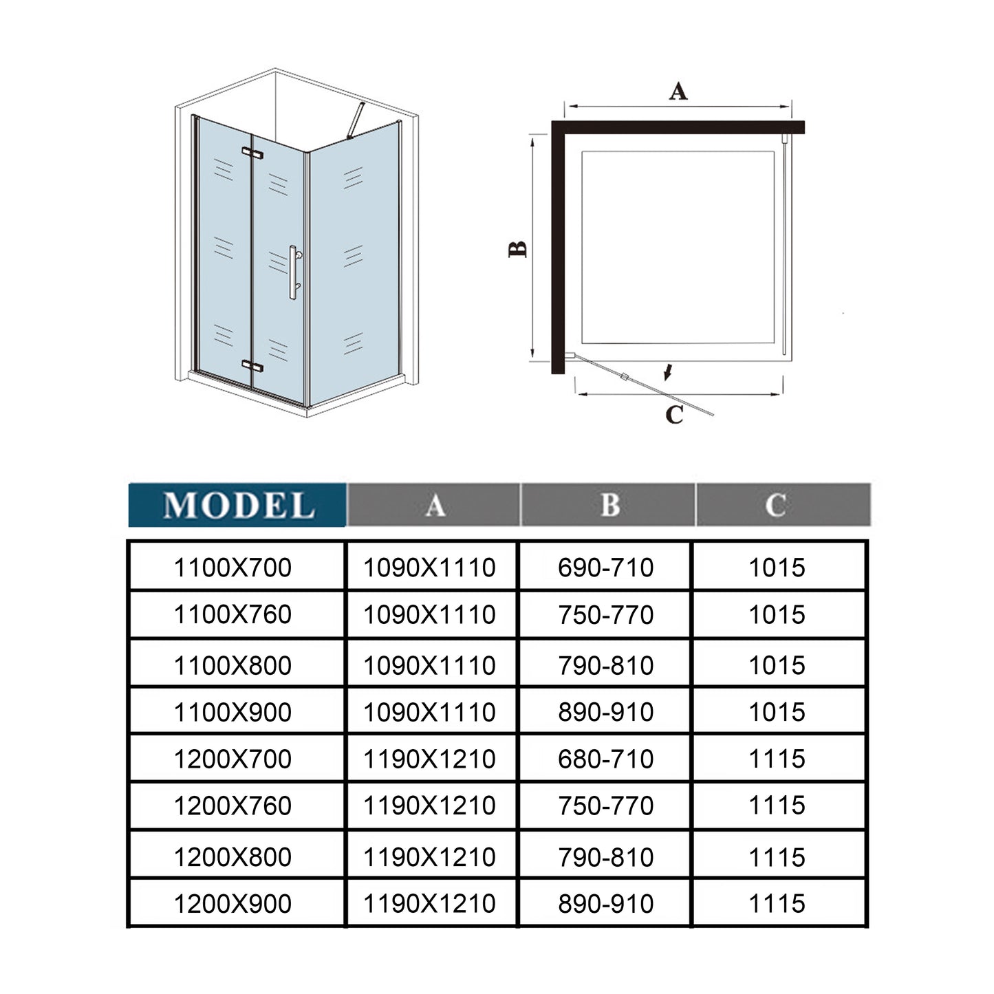 Douchecabine met vouwdeur en vaste zijwand 185/195 cm hoog ,6mm Nano Coating Chroom (verschillende maten),Omkeerbaar
