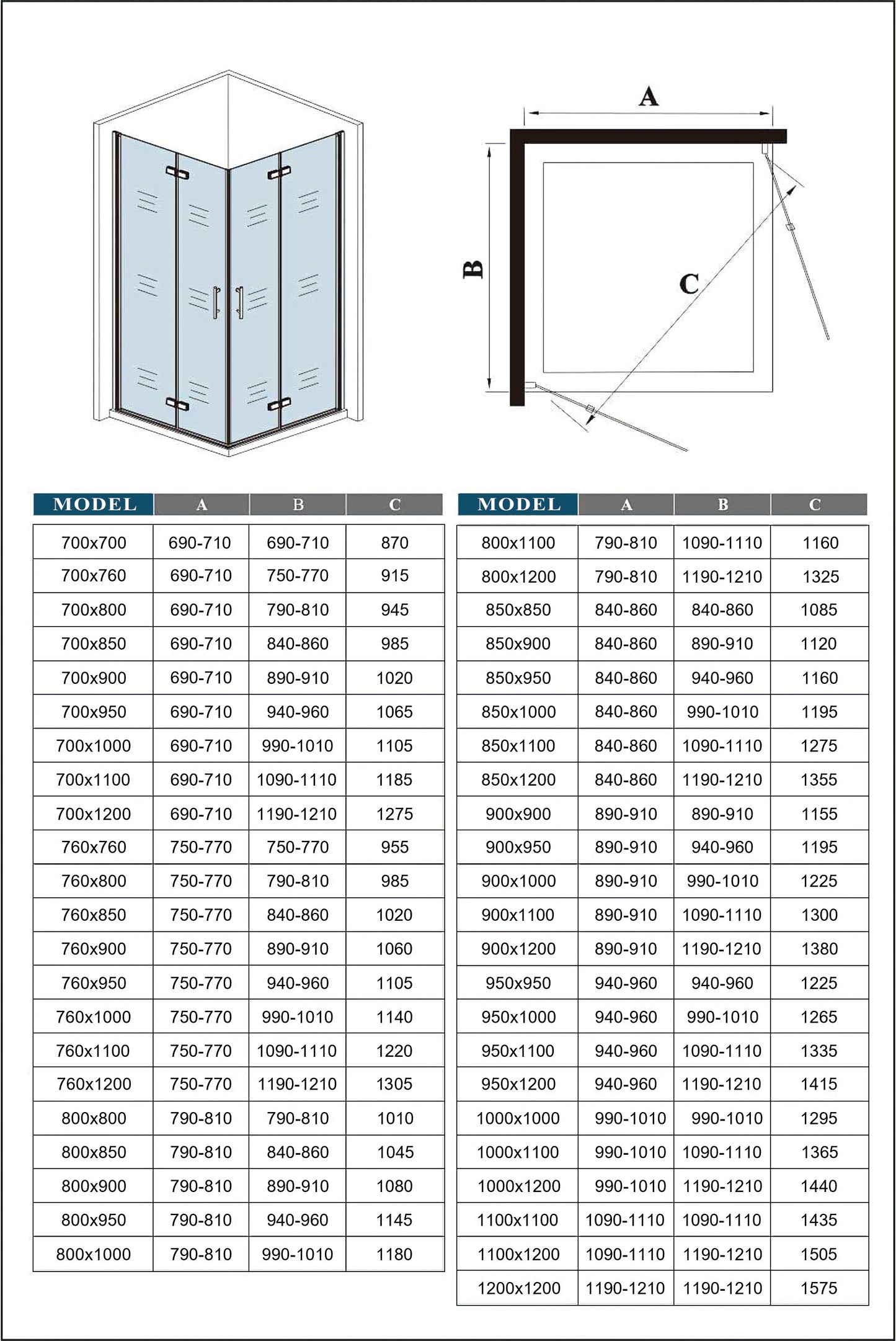 Douchecabine met dubbele vouwdeur,6mm veiligheidsglas nano coating, 185cm hoog