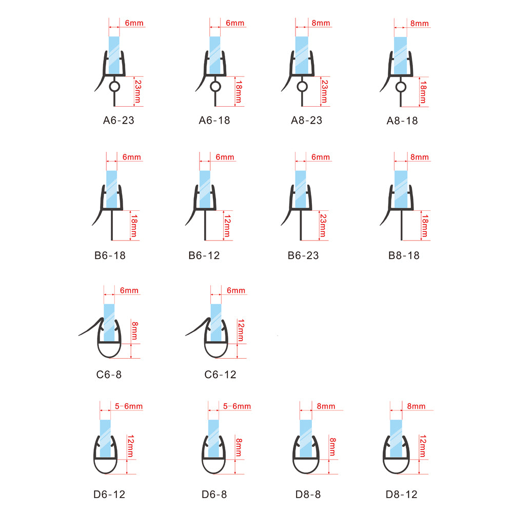 Douchedeurrubber voor 6mm of 8mm glas, 90cm lang, snijdbaar