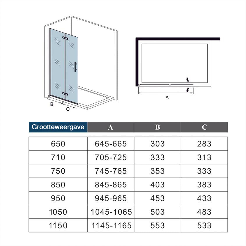 2-delige inklapbaar douchedeur,185 cm hoog,6mm NANO EasyClean veiligheidsglas,70-120x185 cm