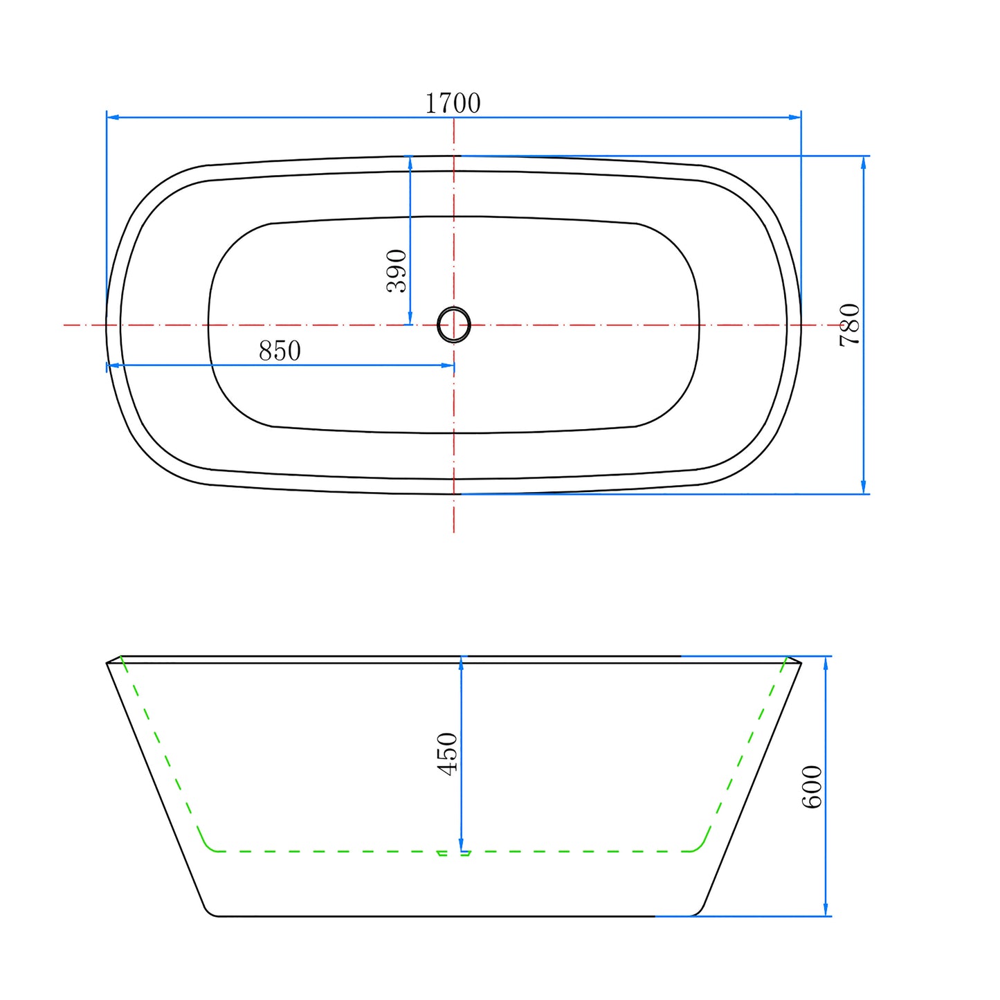 Aica Halfvrijstaand Bad 150x72x60cm/170x78x60cm-Mat zwart-Acryl-Met Afvoer-Eenvoudig te Installeren
