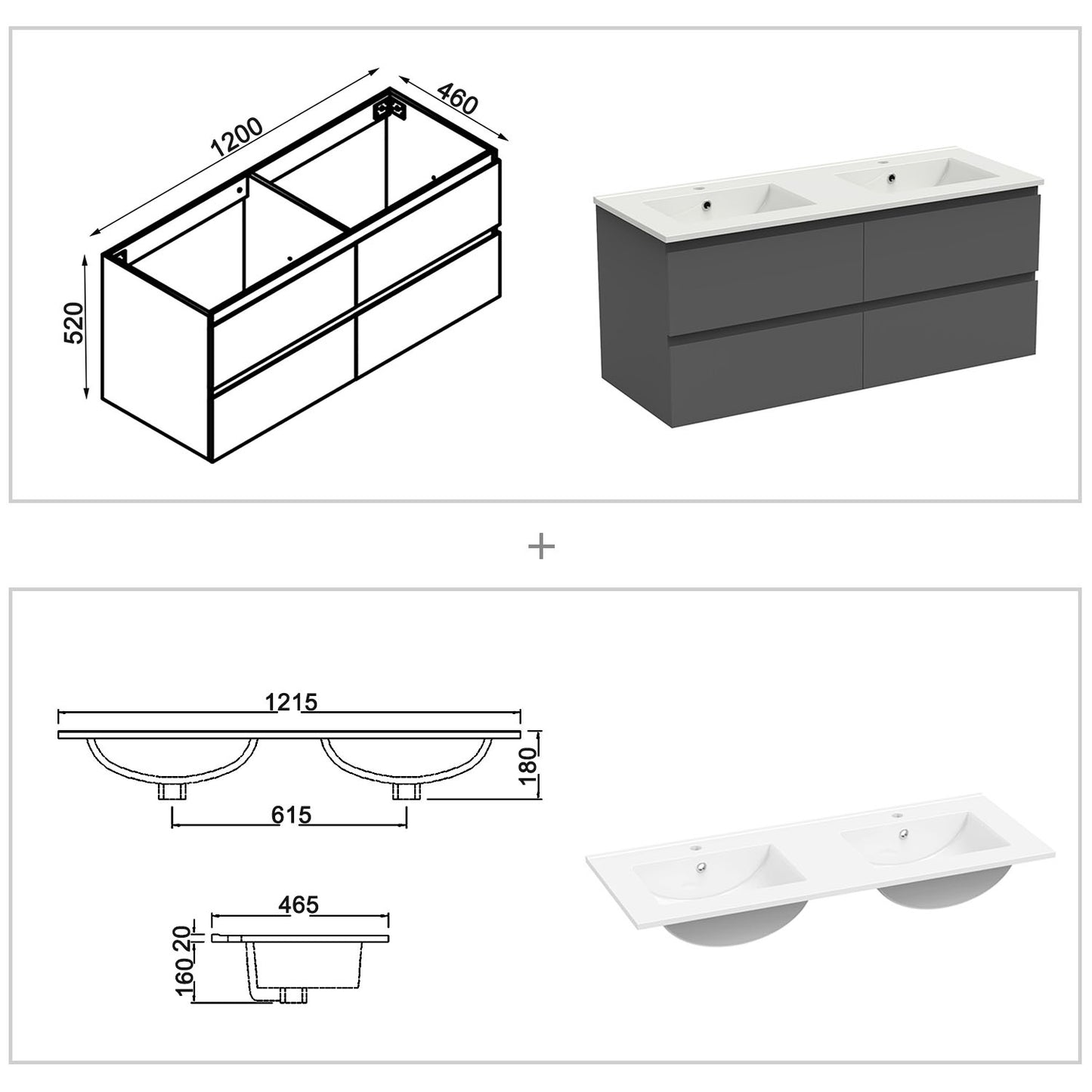 Badkamermeubel set 120 cm ,badmeubel met onderkast wit mat/antraciet mat/eik mat antraciet mat