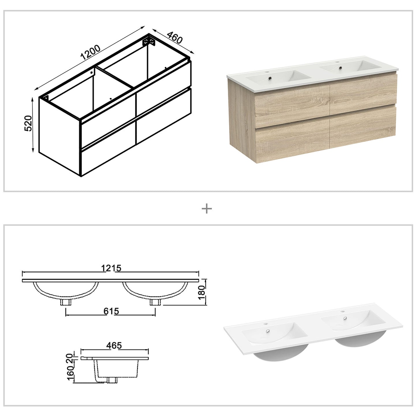 Badkamermeubel set 120 cm ,badmeubel met onderkast wit mat/antraciet mat/eik mat eik mat