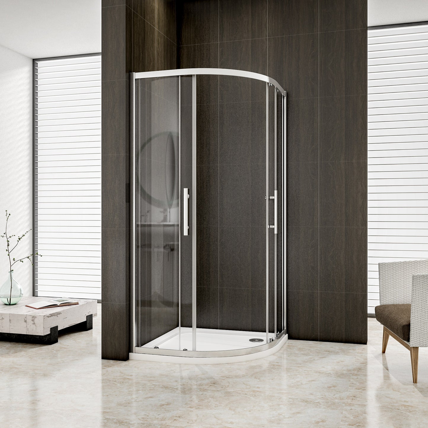 kwartronde douchecabine dubbele schuifdeur, hoek-instap douchecabine, 6mm helder veiligheidsglas