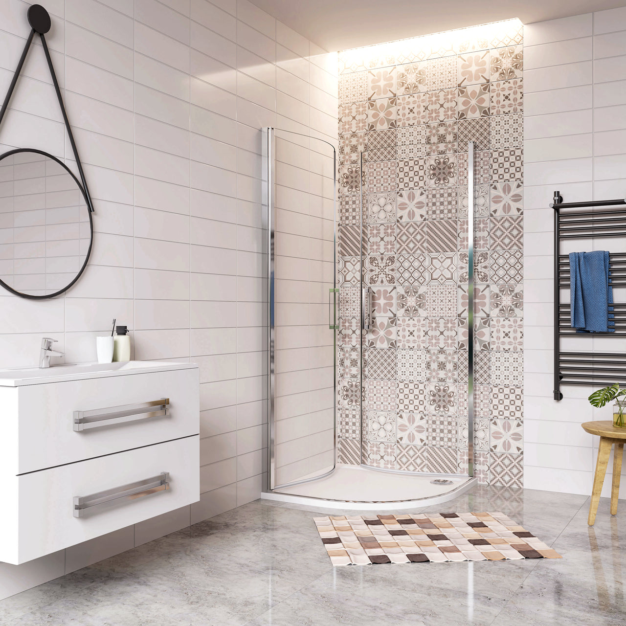 Douchecabine kwartrondmet twee draaideuren, 195cm hoog ,6mm veiligheidsglas, inclusief dochebak