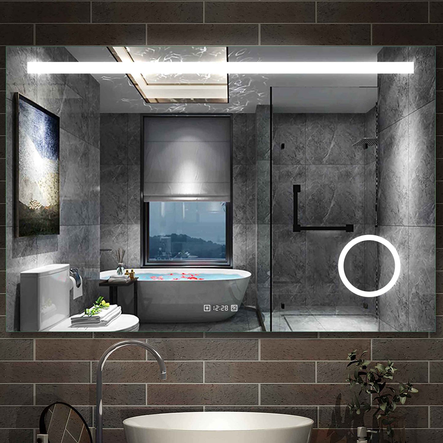 LED badkamerspiegel 80-140cm wandspiegel met klok, touch, condensvrij, 3-voudige vergroting Make-up spiegel IP44 koud wit, energiebesparend