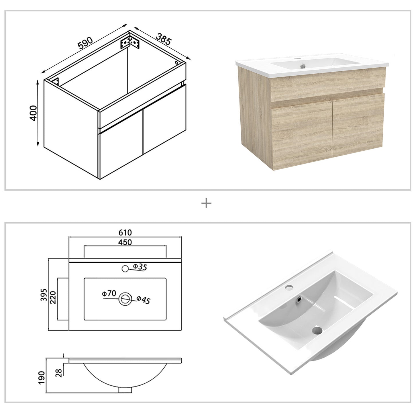 Wastafelonderbouw met onderkast 60 cm Badkamermeubels met keramische wastafel,gastentoilet,eik mat Dun keramiek