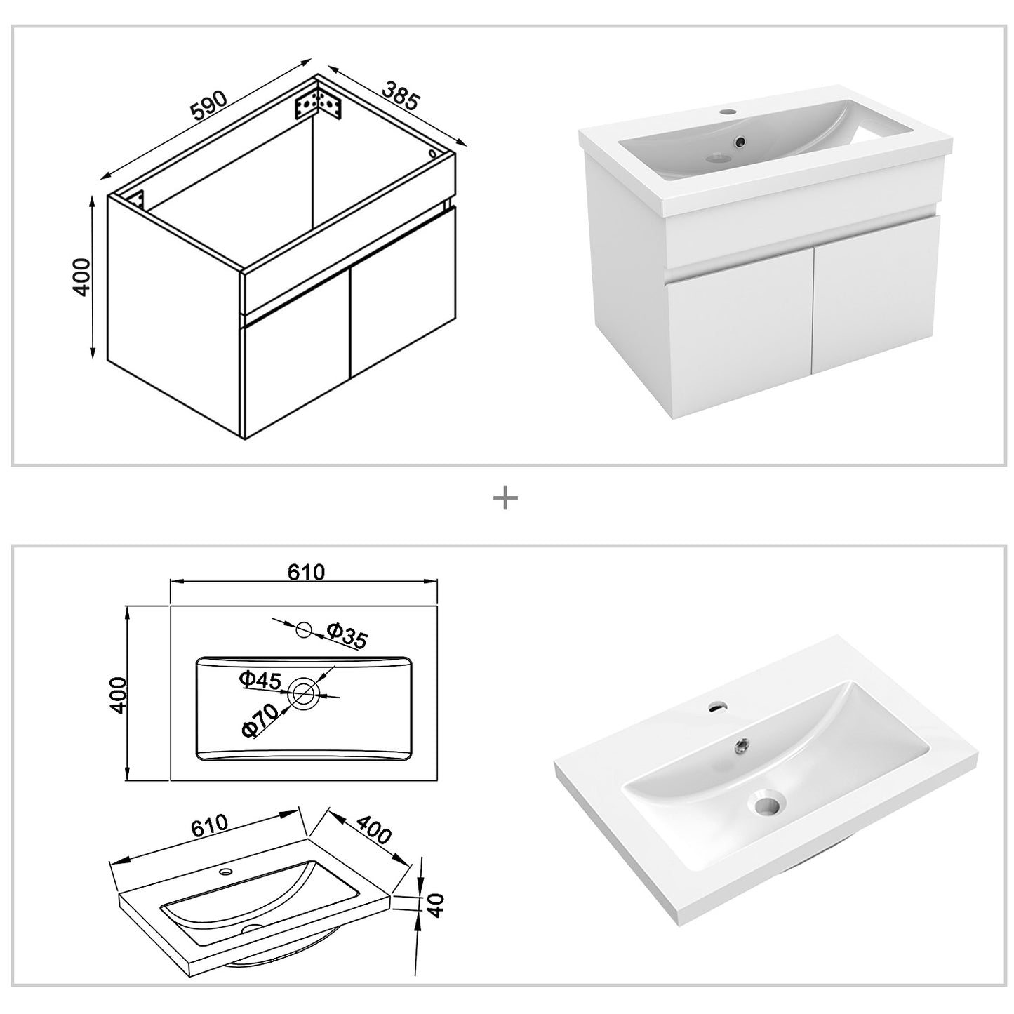 Wastafelonderbouw met onderkast 60 cm Badkamermeubels met keramische wastafel, gastentoilet,mat wit Wit kunstmarmer