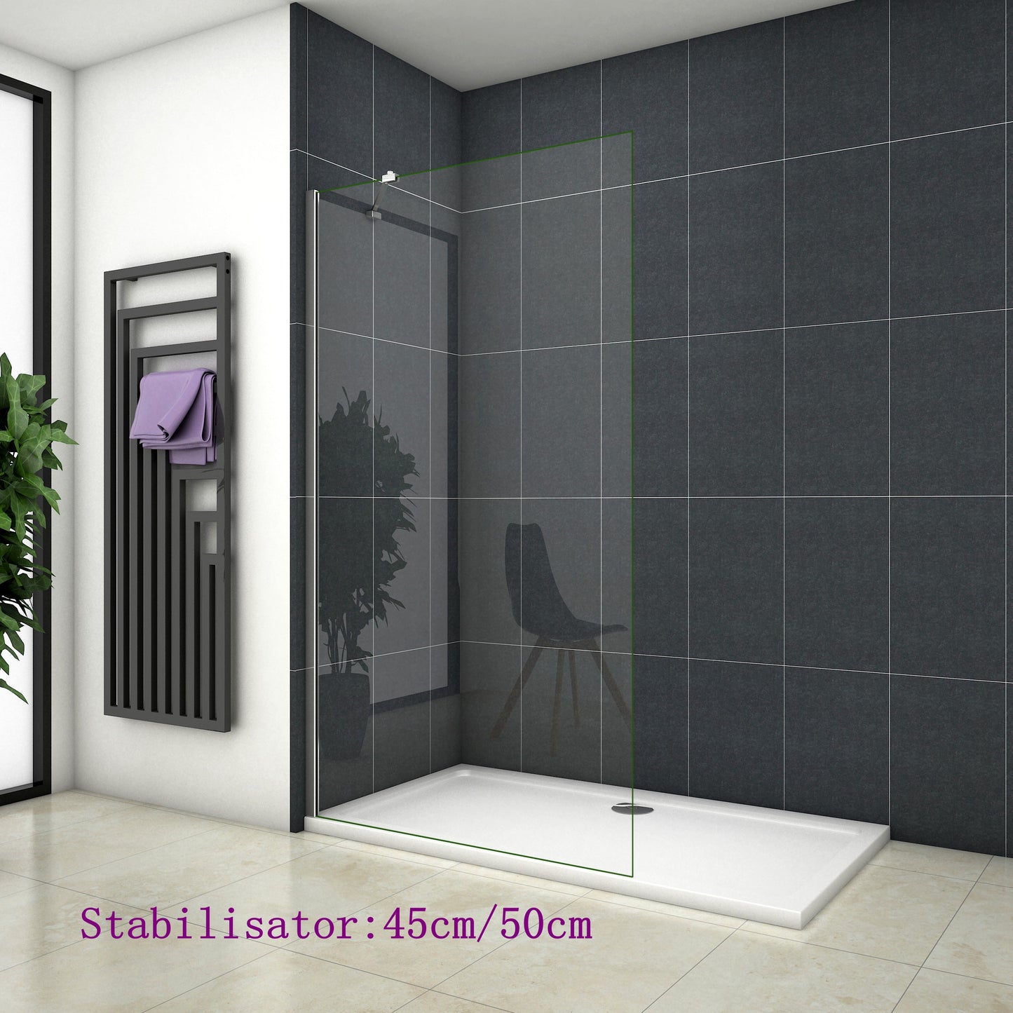 vrijstaande inloopdouche,8mm helder veiligdheidsglas nano easyclean antikalk 90x200cm Stabilisator:50cm
