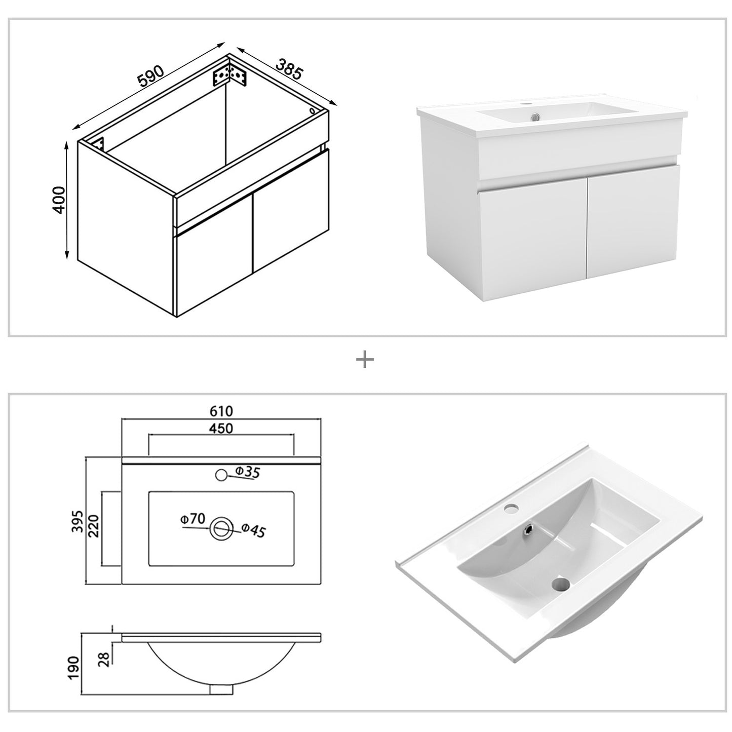 Wastafelonderbouw met onderkast 60 cm Badkamermeubels met keramische wastafel, gastentoilet,mat wit Dun keramiek