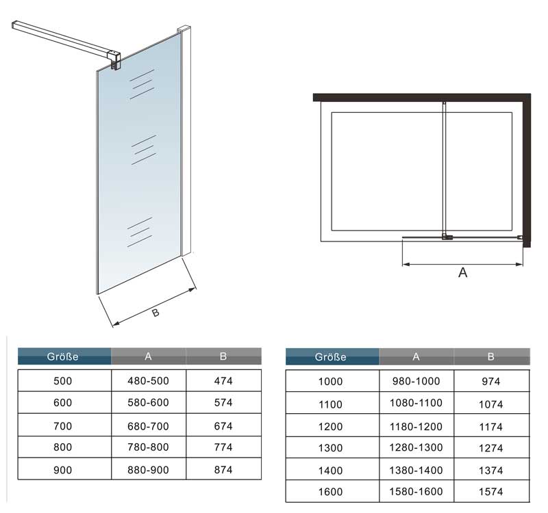 Inloopdouche met mat Zwart kader en raster,200cm hoog, 8 mm NANO EasyClean veiligheidsglas,inclusief stabilisatiestang