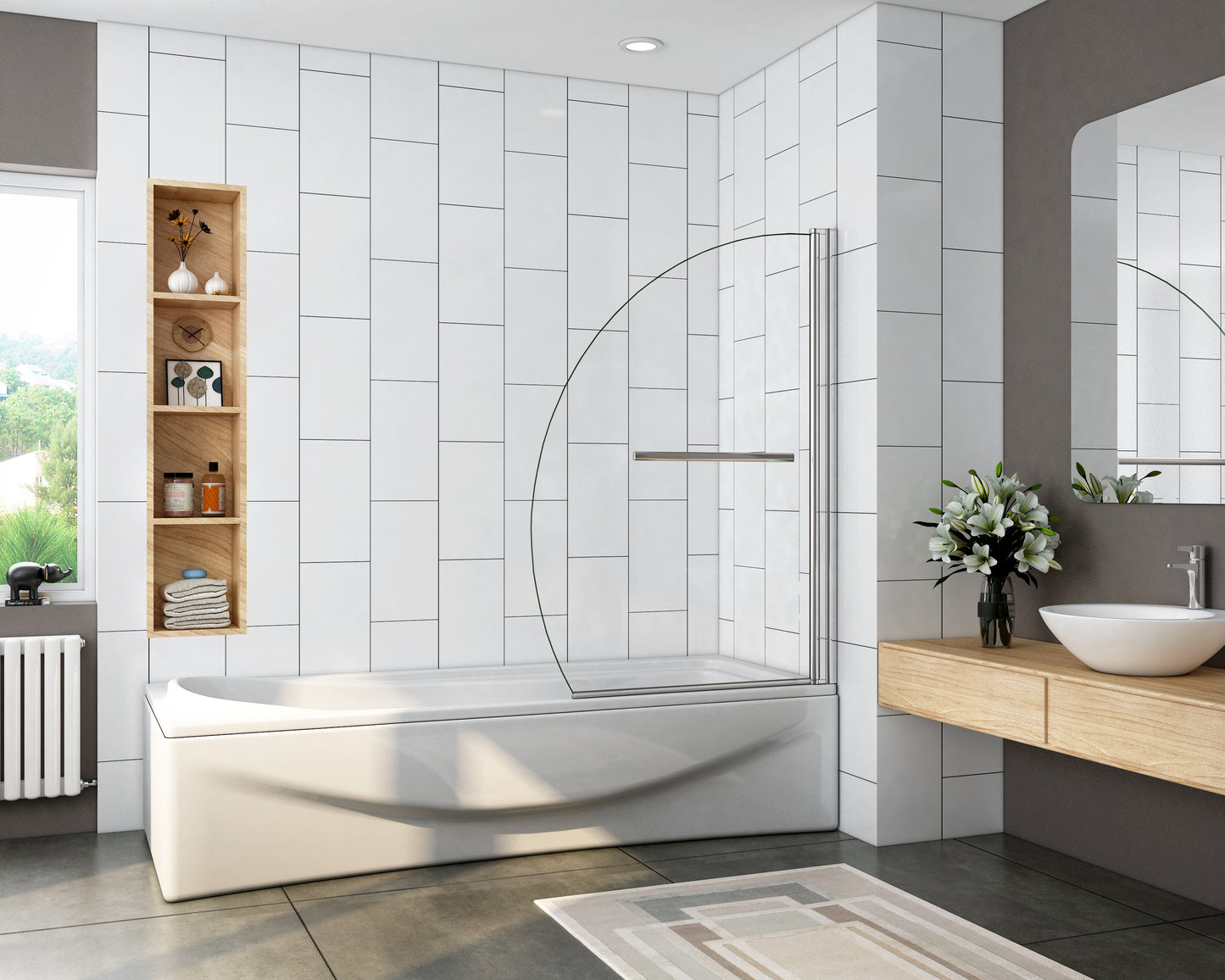 Kwartrond draaibaar pendel badwand 100x140cm, 180 graden draaibaar, 8 mm helder gehard veiligheids glas easyclean, 40 cm handdoekstang