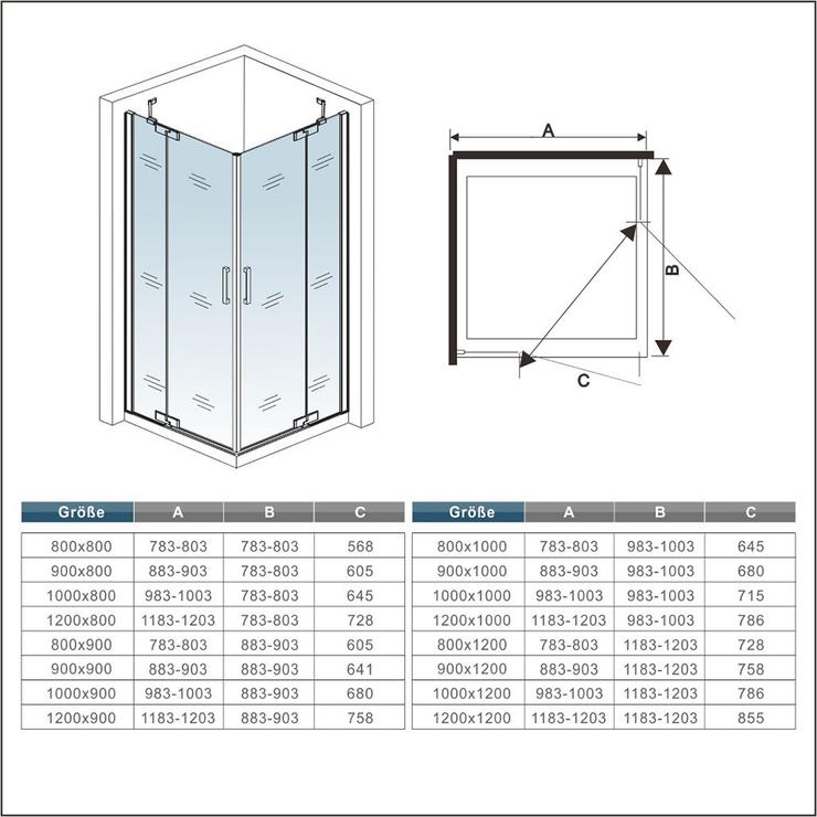 Douchecabine hoekinstap draaideur 8 mm NANO GLAS 200 cm hoog(niet omkeerbaar)