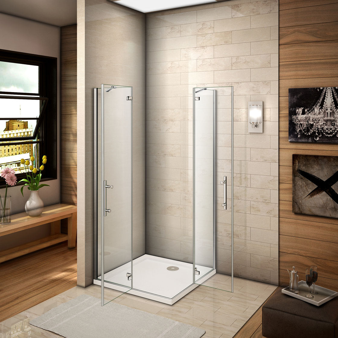 Hoek-instap draaideur douchecabine,6mm helder nano veiligheidsglas easyclean antikalk,hoogte 185cm