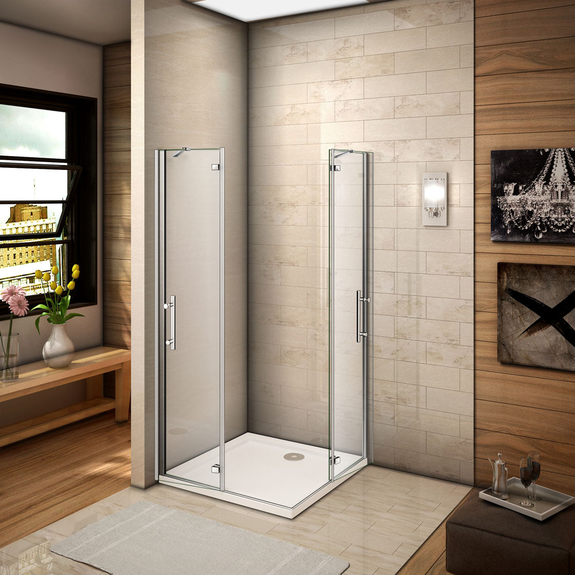 Hoek-instap draaideur douchecabine,6mm helder nano veiligheidsglas easyclean antikalk,hoogte 185cm