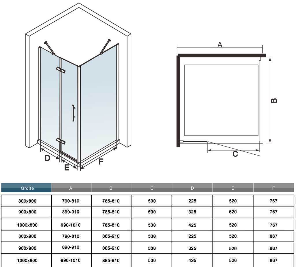 Douchecabine,zijwand,hoek-instap nis douchecabine,scharnieren draaideur,6mm nano veiligheidsglas easyclean antikalk