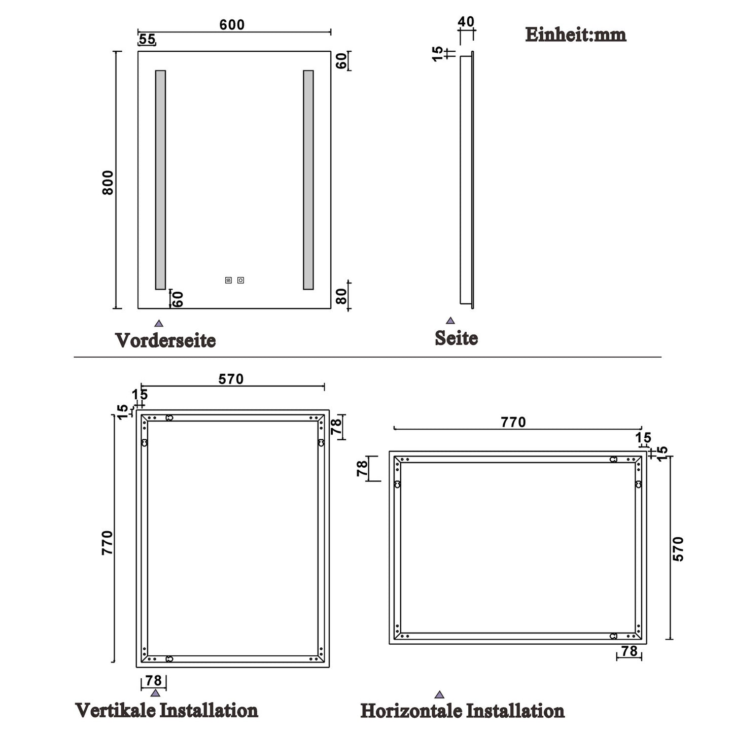 LED rechthoekige badkamerspiegel 45x60cm/50x70cm/60x80cm, 4mm wandspiegel, dubbele touch sensor schakelaar , anti-condens 60x80 cm