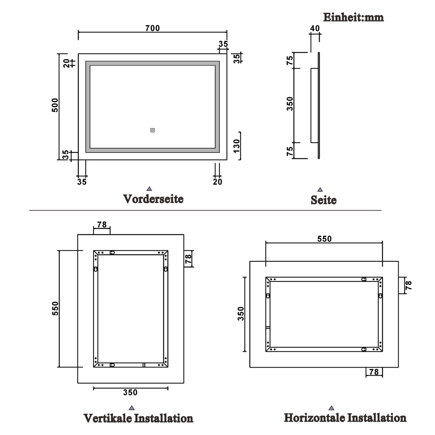 Badkamerspiegel 70-120 cm LED spiegel met verlichting,wandspiegel,enkele touch schakelaar,anti-condens,koud wit 70x50cm