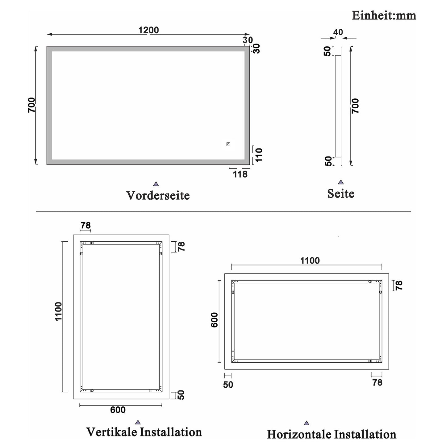 LED rechthoekige badkamerspiegel 50-120 cm,4mm randloze rondom licht banen wandspiegel,enkele touch sensor schakelaar,koud wit,anti-condens 70x120 cm Ja