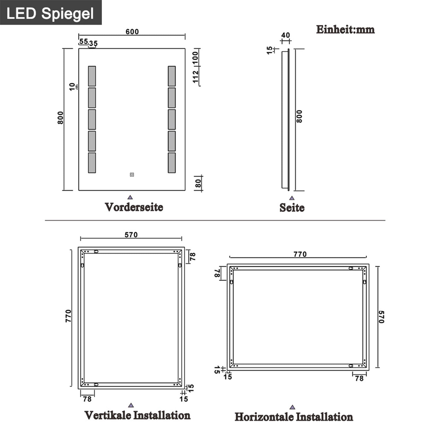 LED-badkamerwandspiegel 45x60 / 50x70 / 60x80cm, met verlichte enkele aanraaksensorschakelaar,anti-condens koel wit 60x80 cm