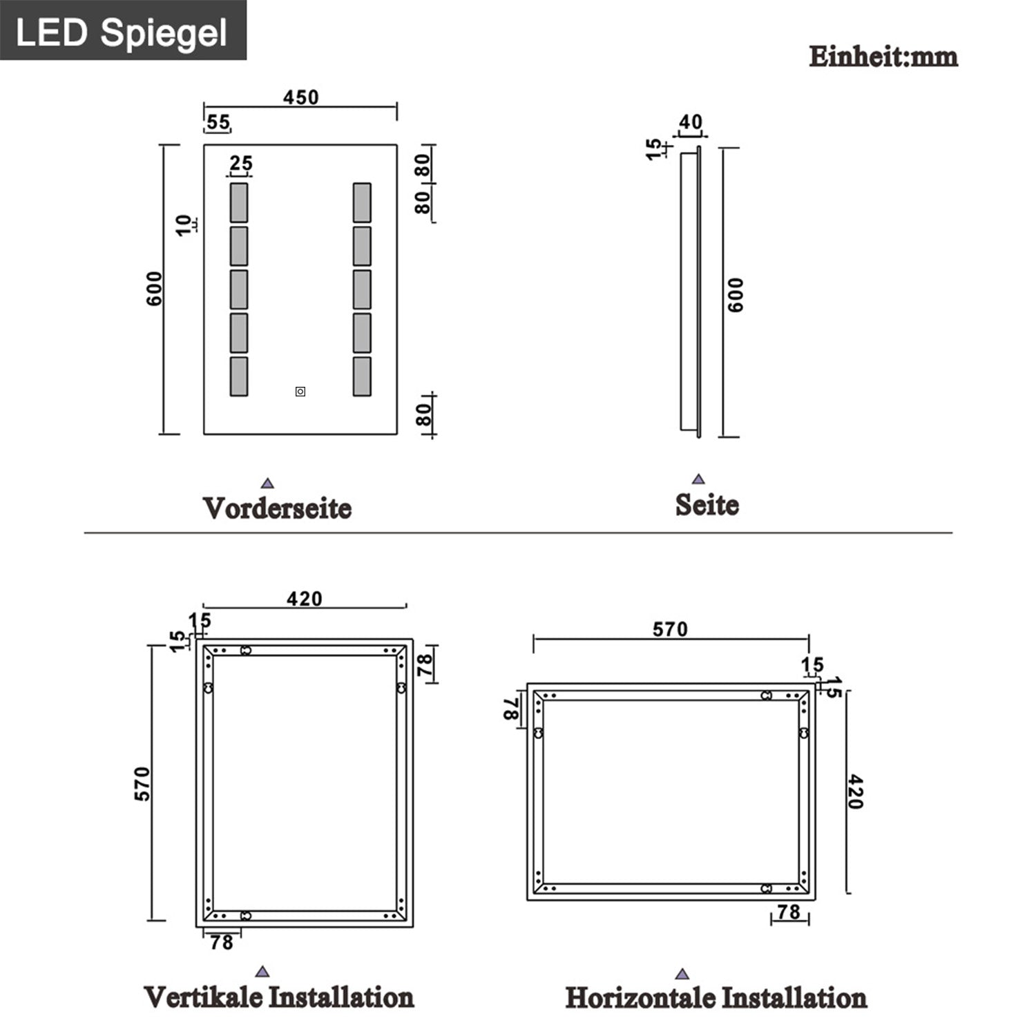 LED-badkamerwandspiegel 45x60 / 50x70 / 60x80cm, met verlichte enkele aanraaksensorschakelaar,anti-condens koel wit 45x60 cm