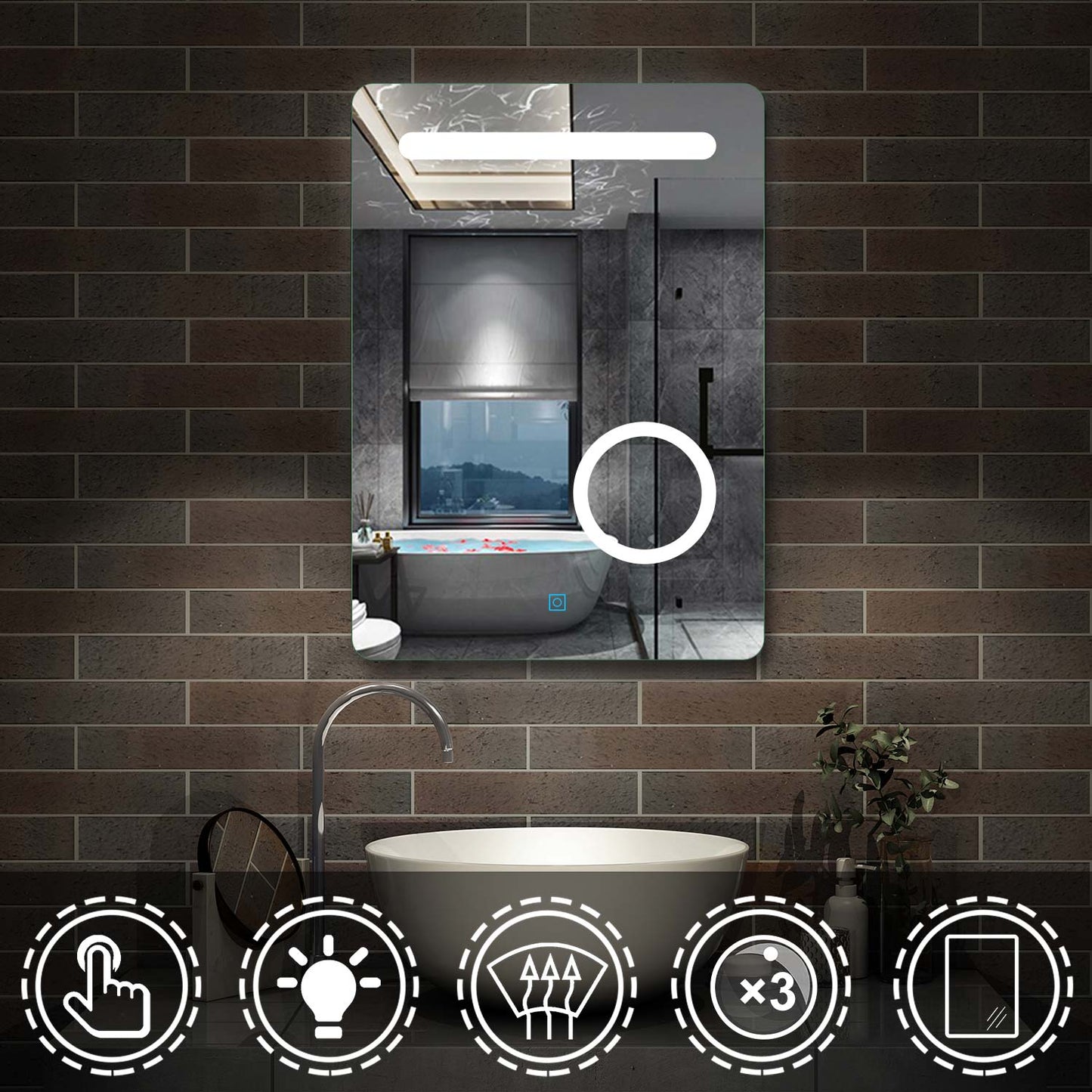 LED badkamerspiegel 50x70cm wandspiegel met touch, condensvrij, 3-voudige vergroting Make-up spiegel IP44 koudwit,energiebesparend