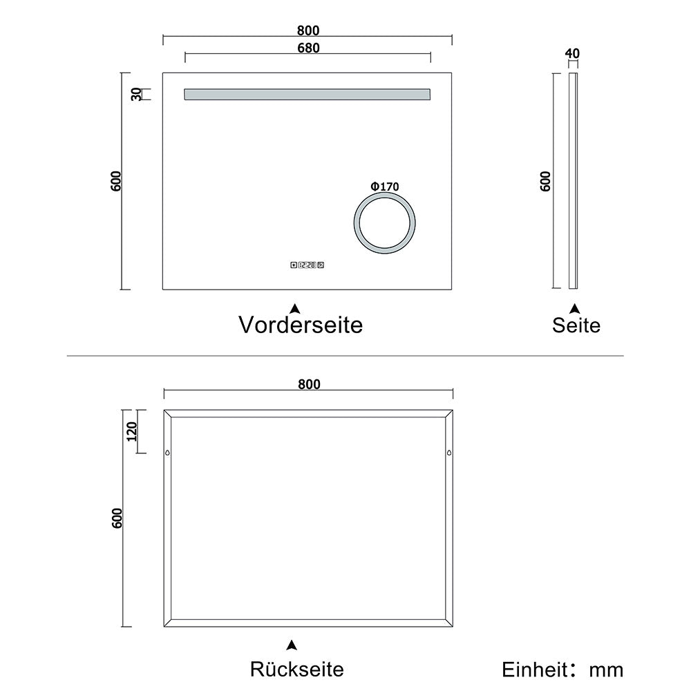 LED badkamerspiegel 80-140cm wandspiegel met klok, touch, condensvrij, 3-voudige vergroting Make-up spiegel IP44 koud wit, energiebesparend 80x60 cm