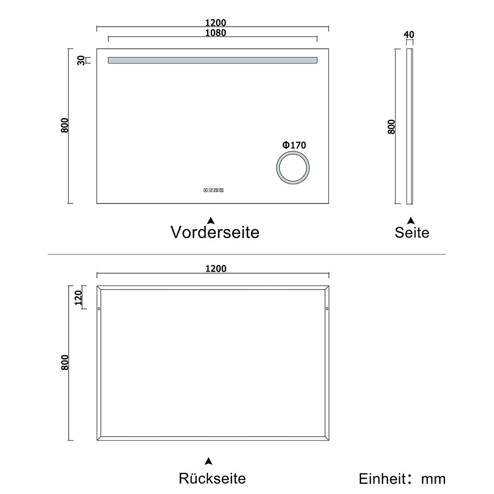 LED badkamerspiegel 80-140cm wandspiegel met klok, touch, condensvrij, 3-voudige vergroting Make-up spiegel IP44 koud wit, energiebesparend 120x80 cm