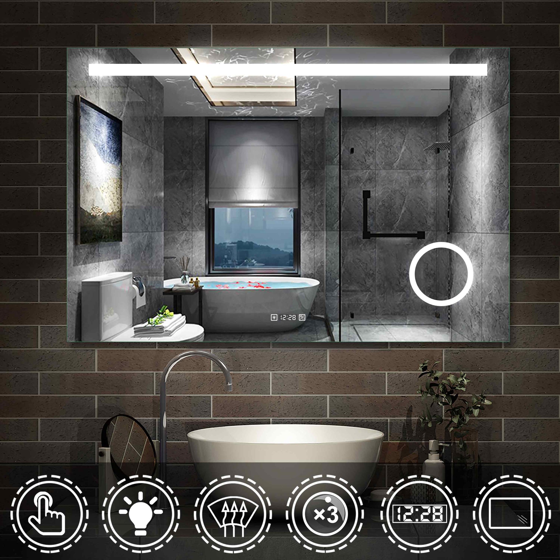 LED badkamerspiegel 80-140cm wandspiegel met klok, touch, condensvrij, 3-voudige vergroting Make-up spiegel IP44 koud wit, energiebesparend