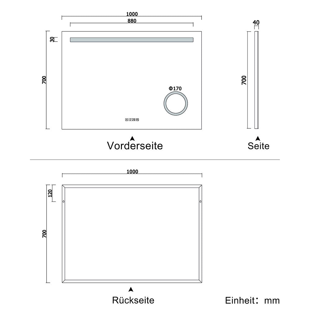LED badkamerspiegel 80-140cm wandspiegel met klok, touch, condensvrij, 3-voudige vergroting Make-up spiegel IP44 koud wit, energiebesparend 100x70 cm