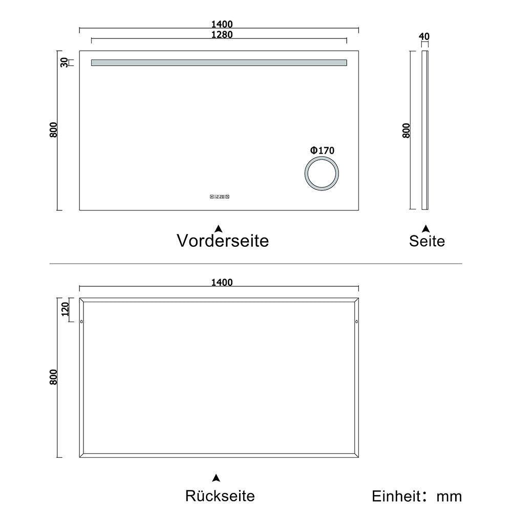 LED badkamerspiegel 80-140cm wandspiegel met klok, touch, condensvrij, 3-voudige vergroting Make-up spiegel IP44 koud wit, energiebesparend 140x80 cm