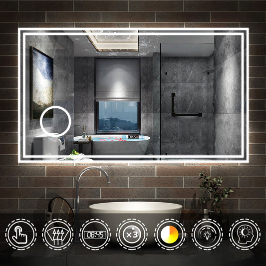 LED badkamerspiegel 80 tot 160cm 3 lichtkleur 2700-6500K wandspiegel met klok, touch, anti-condens, 3-voudige vergroting Make-up spiegel IP44 koud / neutraal / warm wit Dimbaar