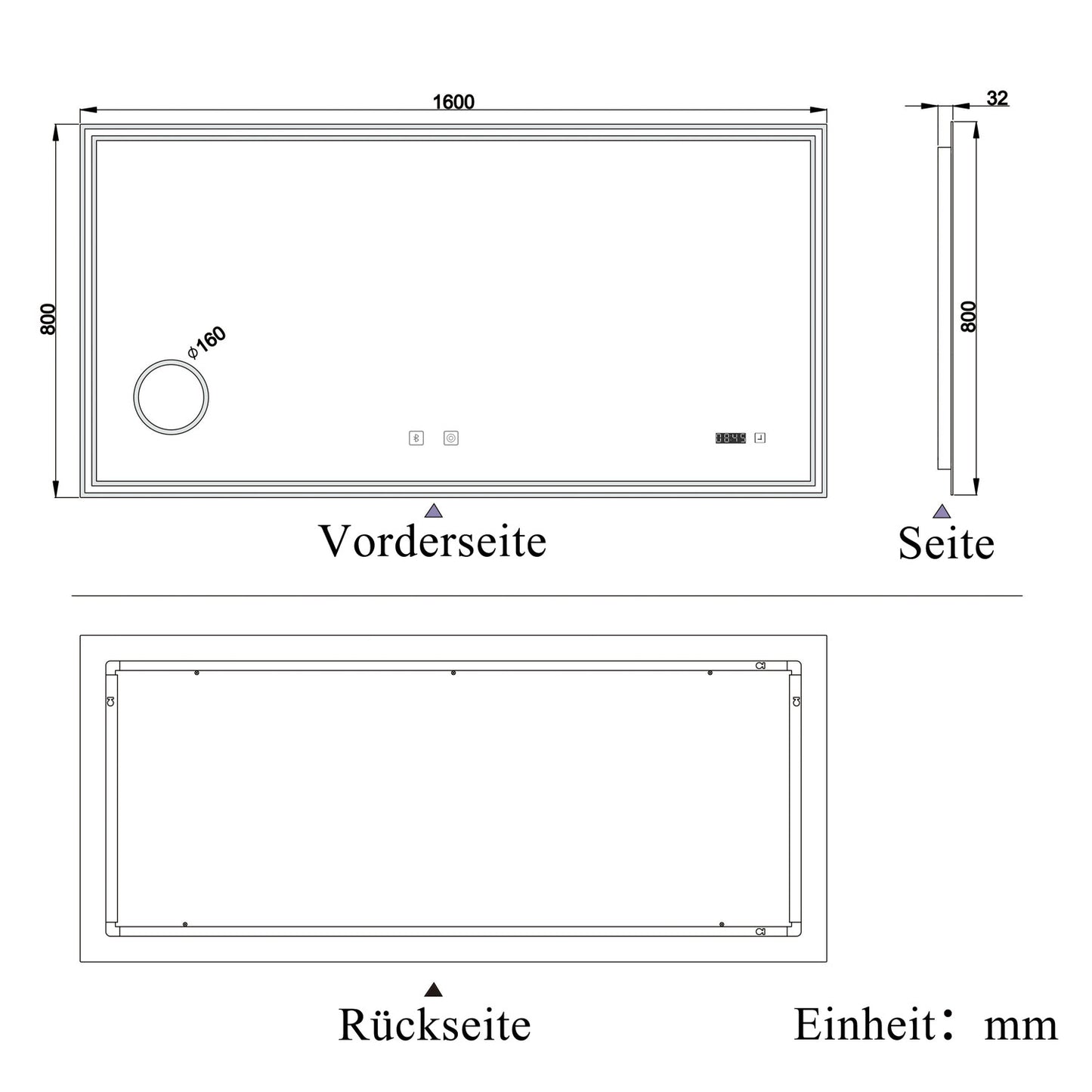 LED badkamerspiegel 70 tot 160cm met Bluetooth, touch, anti-fog, wandspiegel 3 licht kleur 2700-6500K, dimbaar, IP44 160x80 cm Bluetooth+Touch+Klok+Loepen