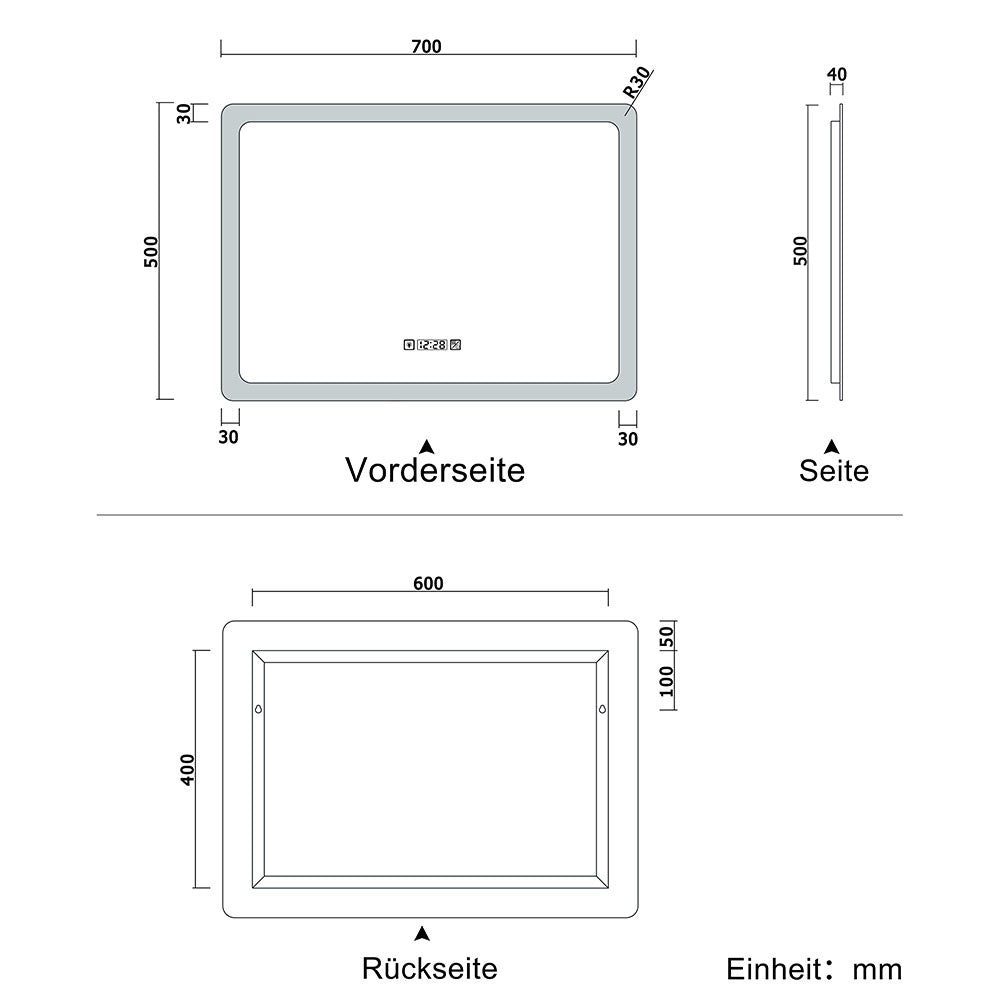 LED badkamerspiegel wandspiegel met klok, touch, condensvrije badkamerspiegel met verlichting lichtspiegel IP44 koud wit energiebesparend 70x50cm
